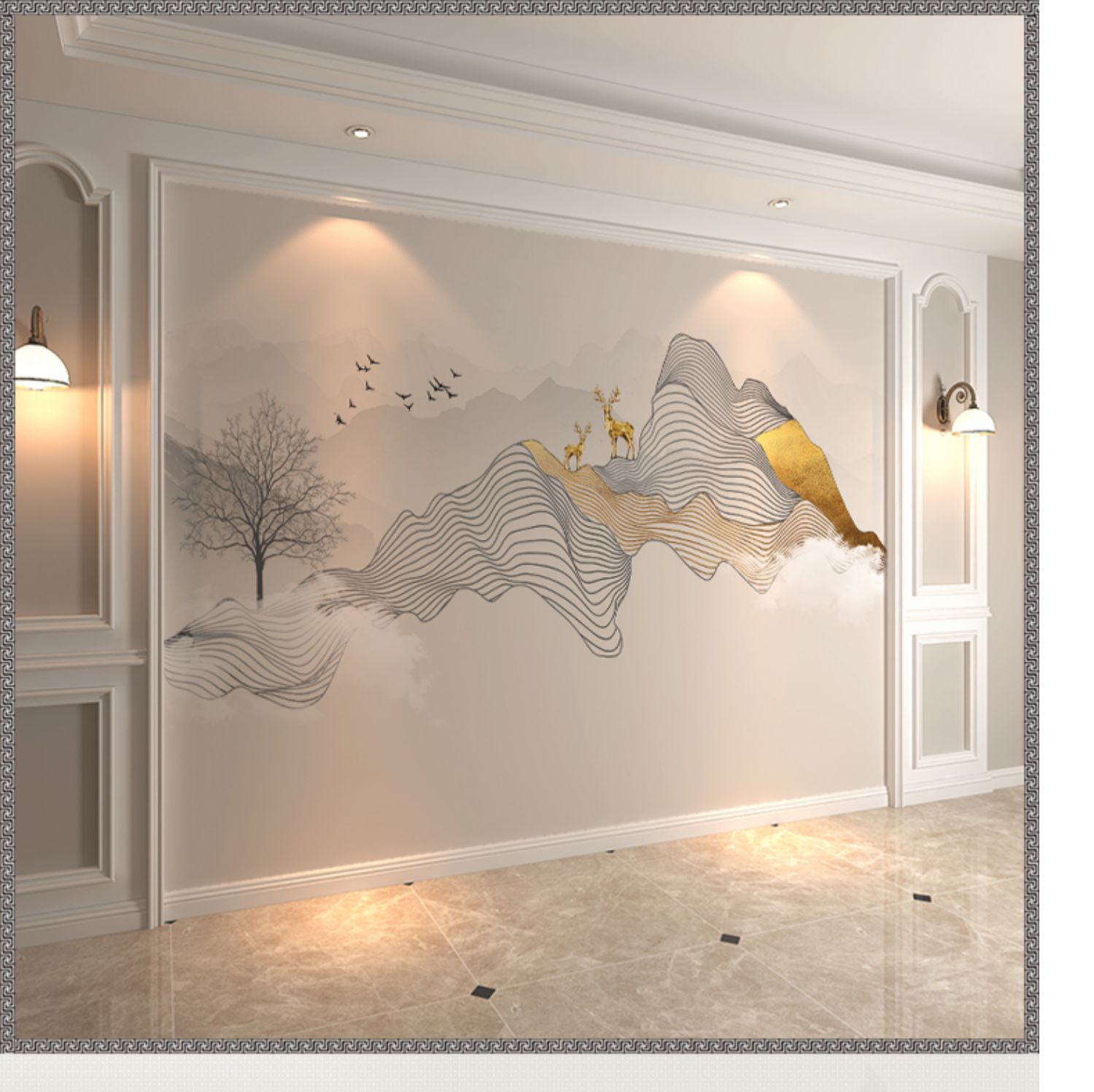 8d新中式抽象金色山水电视背景墙客厅装饰壁画现代简约影视墙布御用