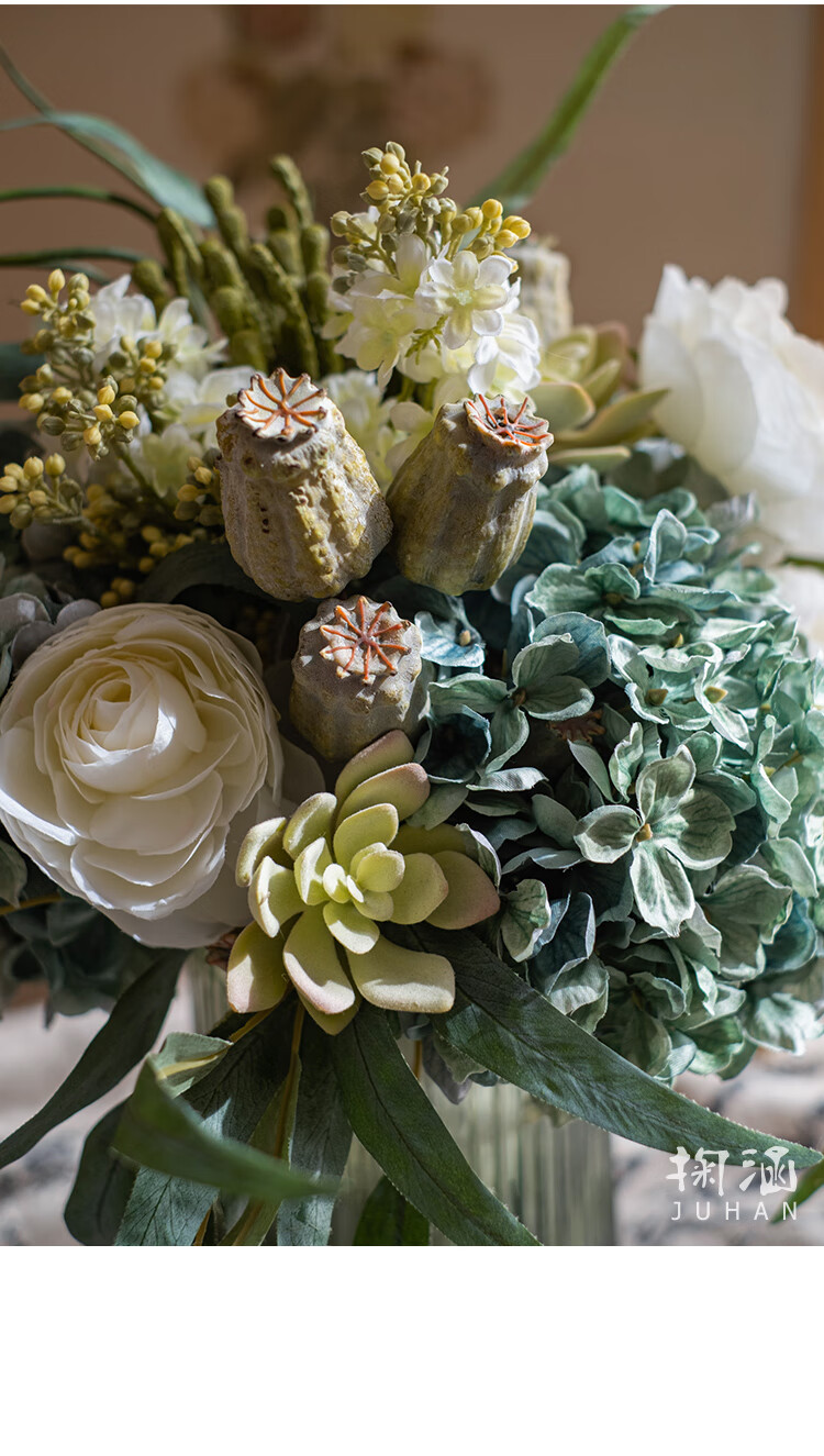 掬涵 青鸟仿真花套装花艺手捧花摆件客厅别墅装饰花艺尤加利 口袋花器