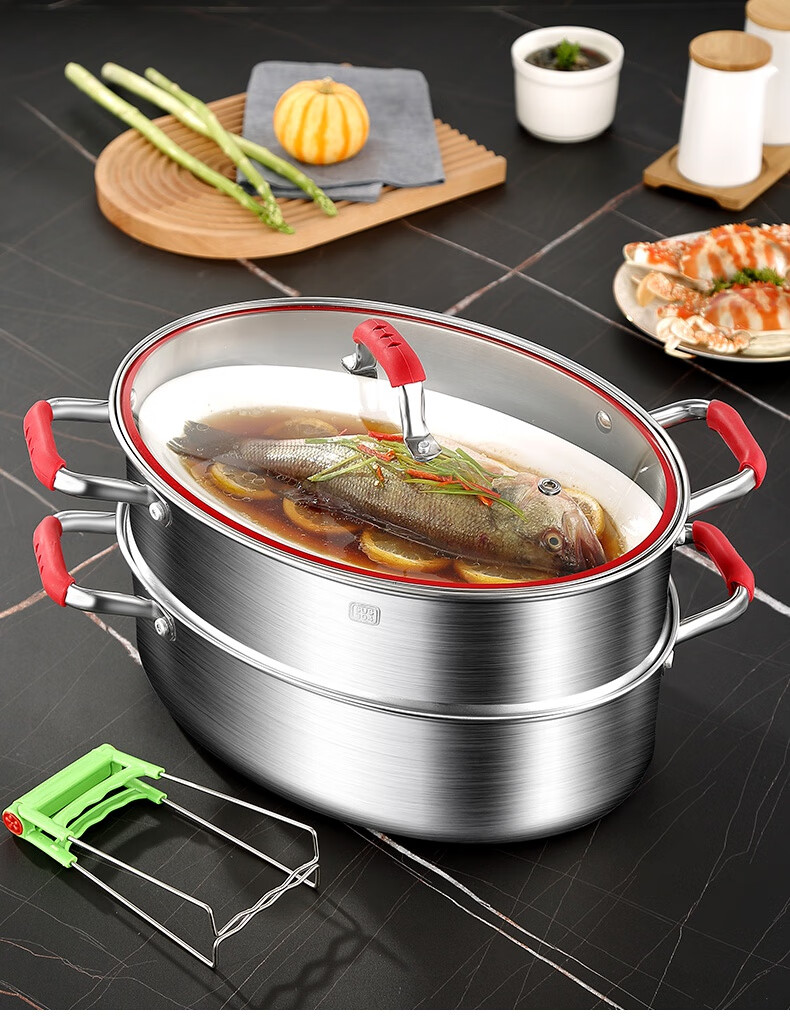 蒸鱼锅椭圆 加厚304不锈钢蒸鱼锅大号家用2层椭圆蒸笼蒸馒头蒸鱼神器