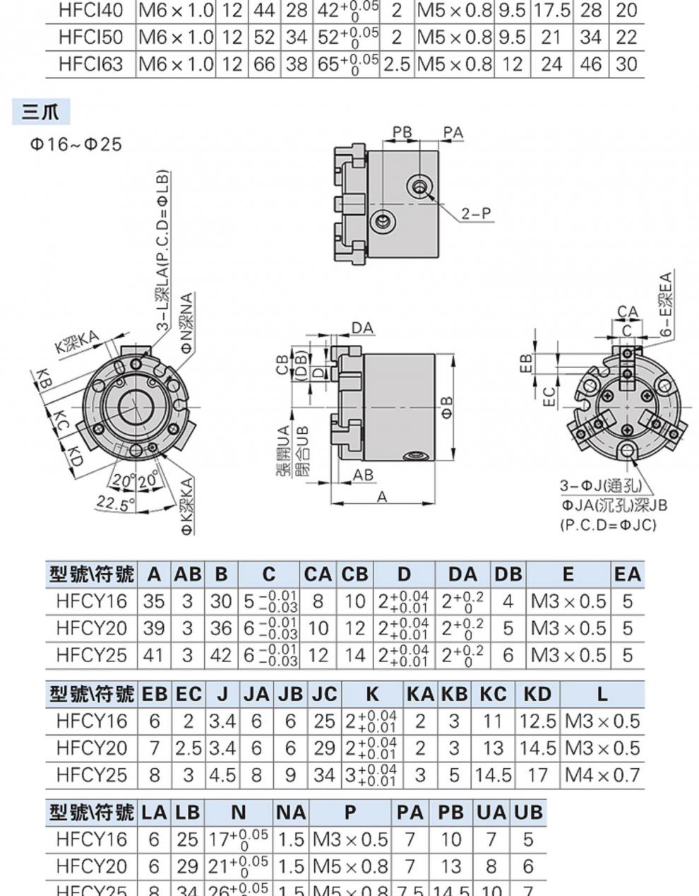 hfci16 20 32 40 50 63 hfcy 16(三爪)