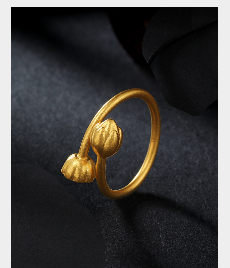 老凤凰黄金戒指足金9999传承古法金素圈戒子两世欢莲花莲蓬送礼古法金