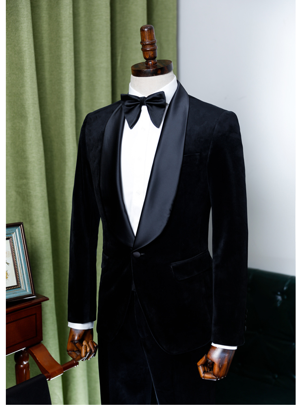 晚礼服男英伦宴会轻奢金丝绒西服男士婚礼新郎主持青果领塔士多西装