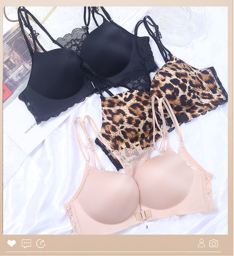 新品薄款文胸大胸显小前扣美背性感内衣豹纹少女蕾丝胸罩套装优质版