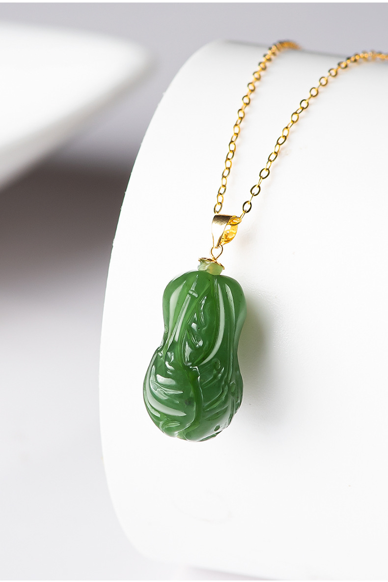 翠莹福菠菜绿老料和田玉碧玉白菜吊坠18k天然玉石挂件男女款ys76418k