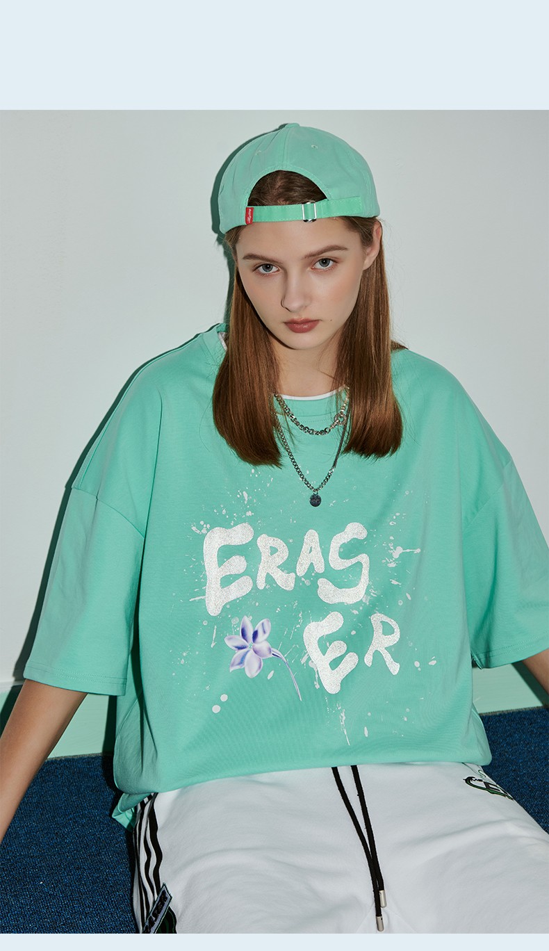 er笑脸短袖t恤反光字母印花国潮t恤男夏季新款个性情侣装宽松潮流短袖