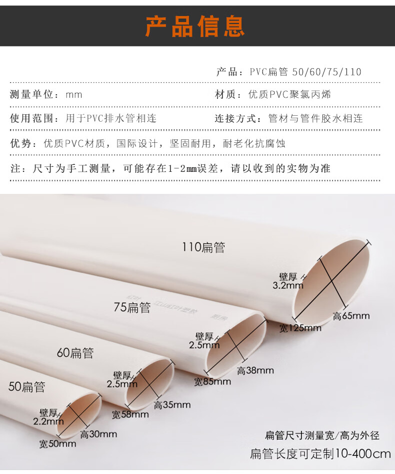 绿泇pvc506075110扁管厕所厨房阳台管道配件椭圆管地漏移位器扁管60扁