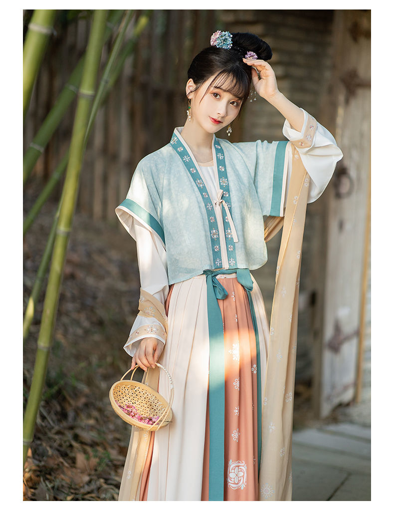 春:陌上歌唐制直领半袖背子圆领衫褶裙改良汉服女春夏 圆领衫 现货 s