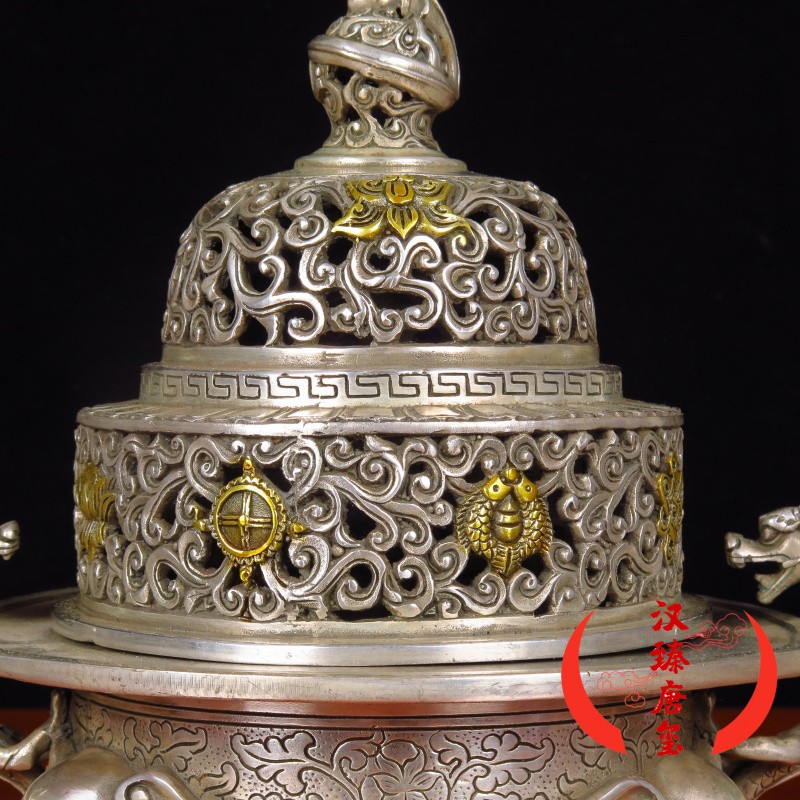 藏式铜香炉八吉祥熏香炉黄铜镀银描金大象香薰炉吉祥八宝盘香熏炉双耳