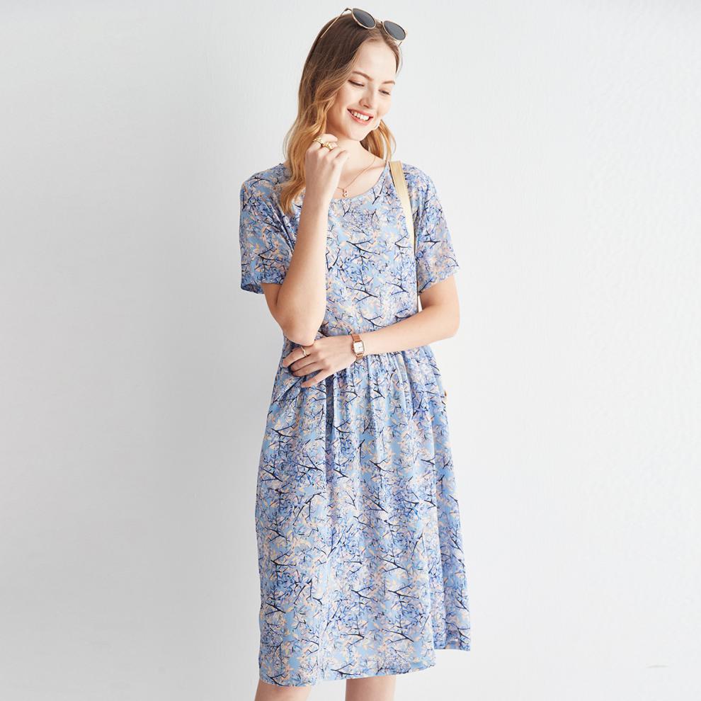 帕罗真丝连衣裙22新款圆领印花短袖宽松透气桑蚕丝裙子es21637xh黄色m