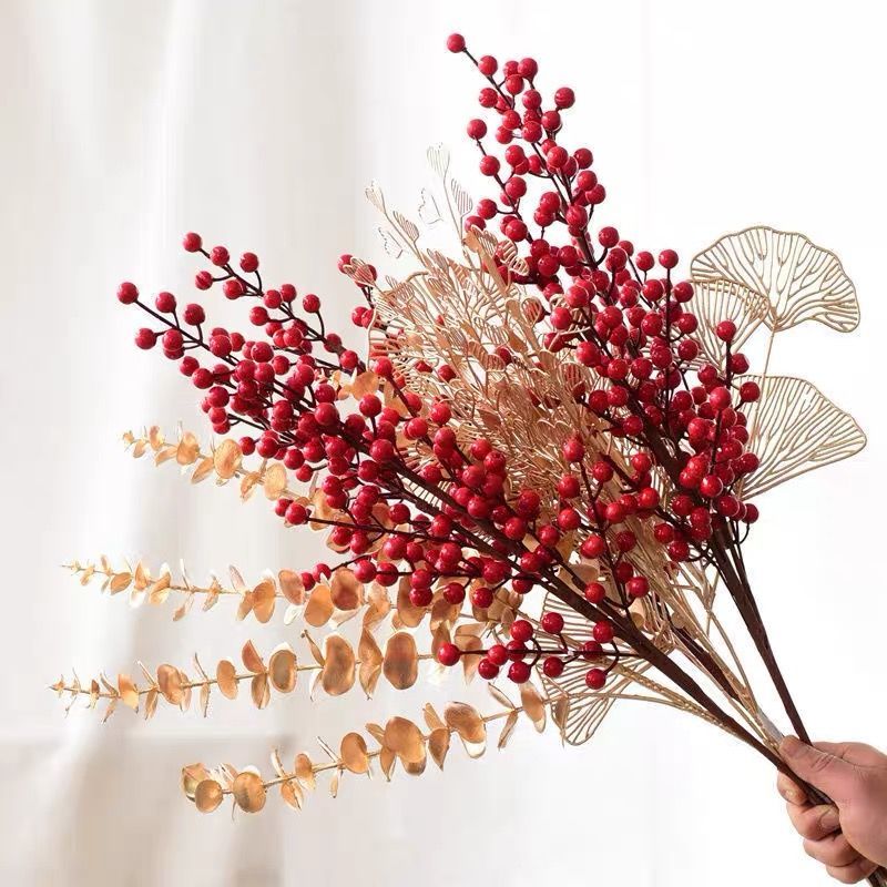 果仿真花相思红豆陶瓷玻璃花瓶插花圣诞新年落地干花摆设6叉发财红果