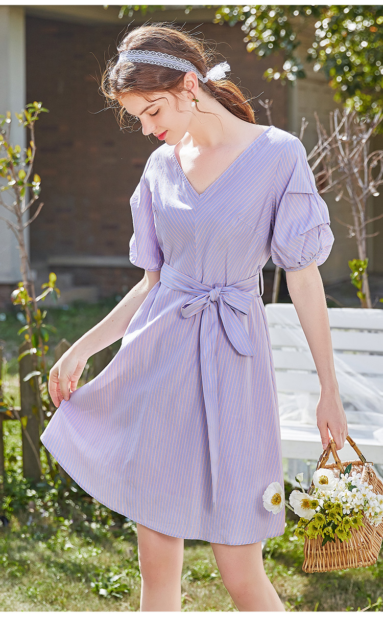 阿依莲连衣裙女夏新款气质系带收腰显瘦条纹中长款女士裙子静蓝s