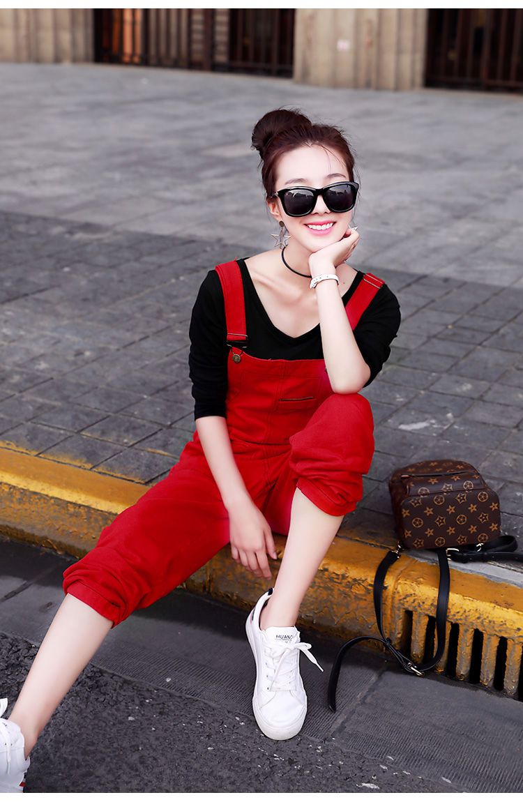 红色牛仔背带裤女2021款韩版显瘦宽松潮原宿风森女系学生长裤女红色l