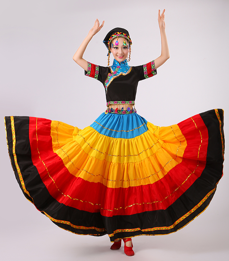 彝族火把节服饰七月七彩大摆裙演出服装少数民族舞蹈演出开场舞裙