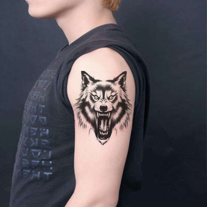 狼图腾纹身贴防水男女花臂胸部手臂狼头仿真刺青贴纸情绪上图小麒麟5
