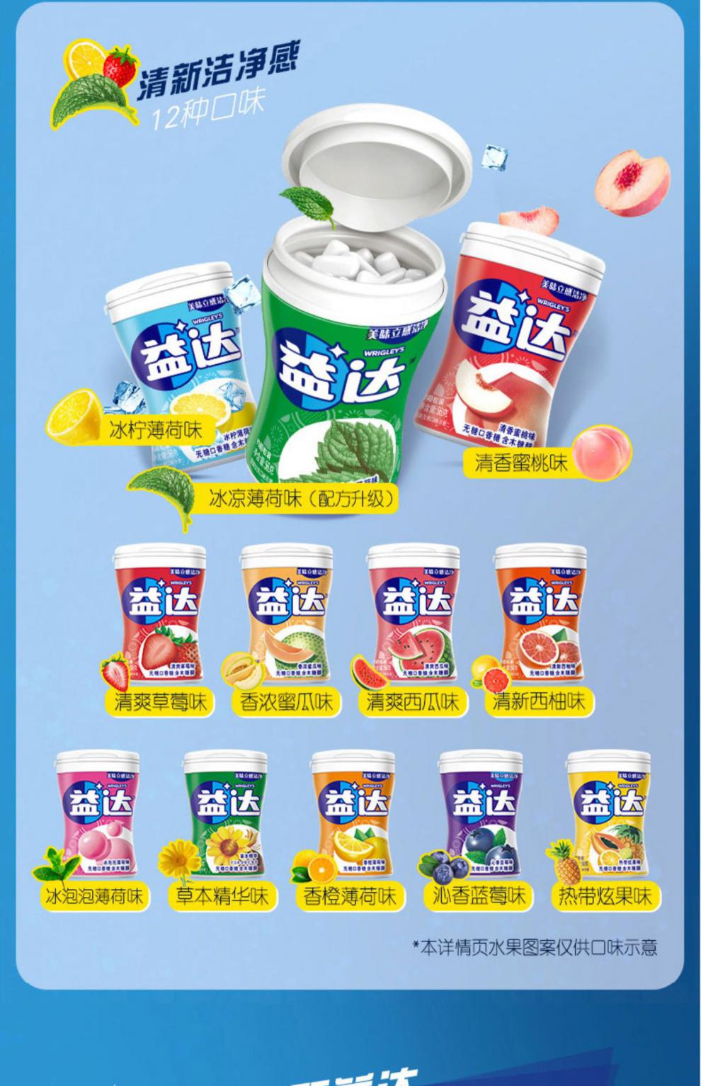 益达口香糖40粒6瓶西瓜草莓蓝莓木糖醇糖果无糖薄荷糖肖战冰泡泡6瓶