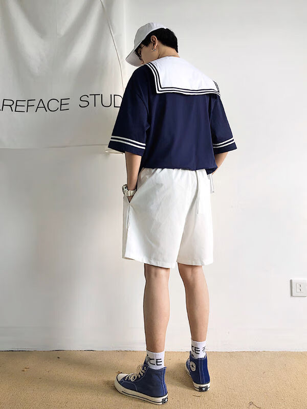 夏季毕业服棉短袖男水手服一套装情侣学生班服团体运动会队服女 藏青