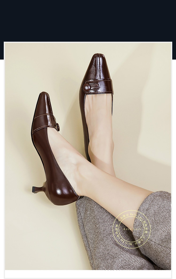 avinlevi轻奢品牌女鞋中跟单鞋女2022春夏新款款复古细跟小皮鞋女方头