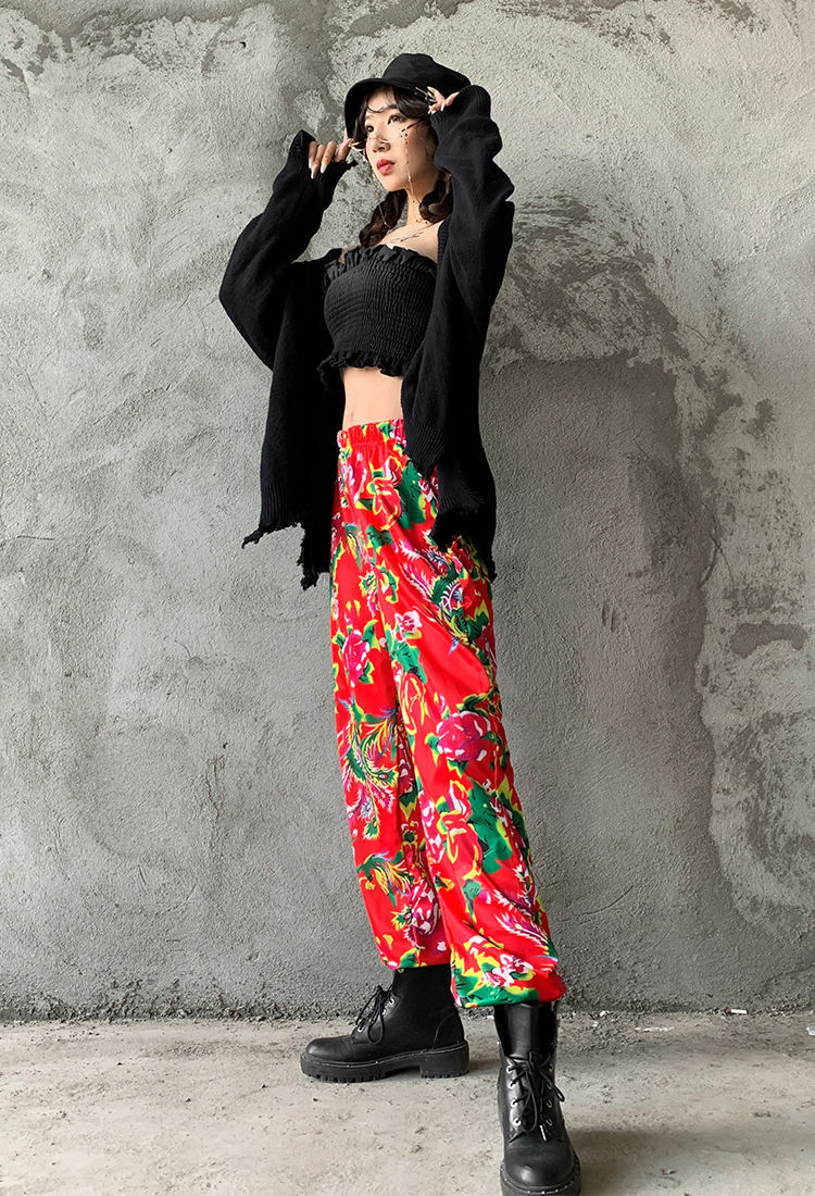 抖音网红同款国潮东北大花裤男女潮流街头嘻哈风束脚加绒休闲裤男黑底