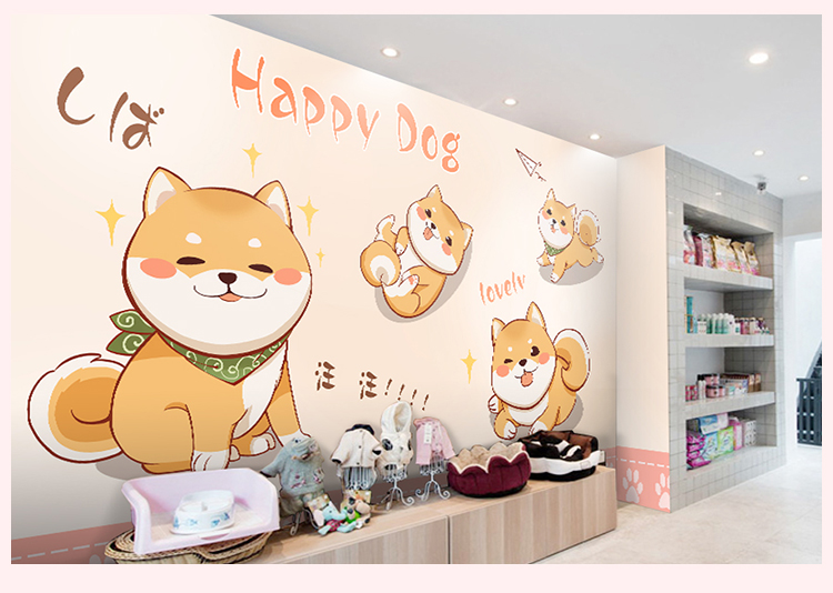 手绘卡通萌宠柴犬猫咪宠物店壁纸主题餐厅奶茶店拍照背景墙纸 无缝