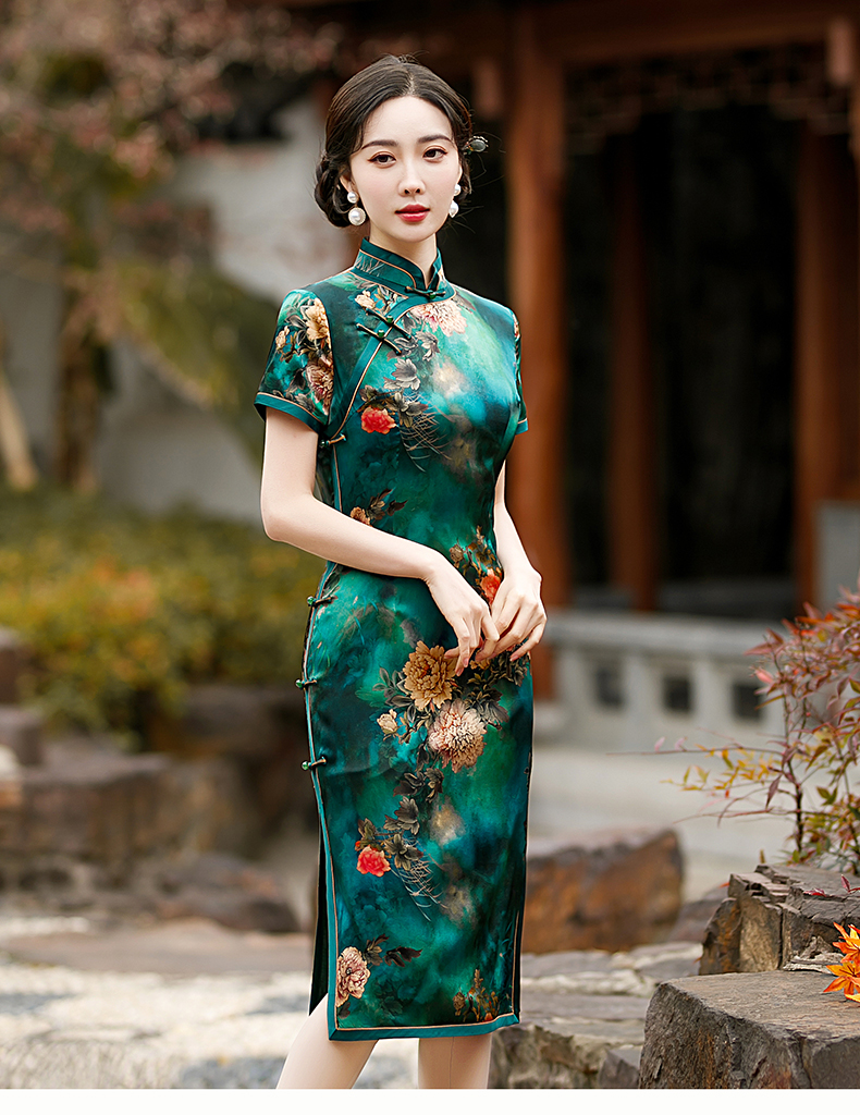 骆骐亚cmlziua品牌女装2022夏季新款中国风桑蚕丝牡丹花真丝旗袍高端
