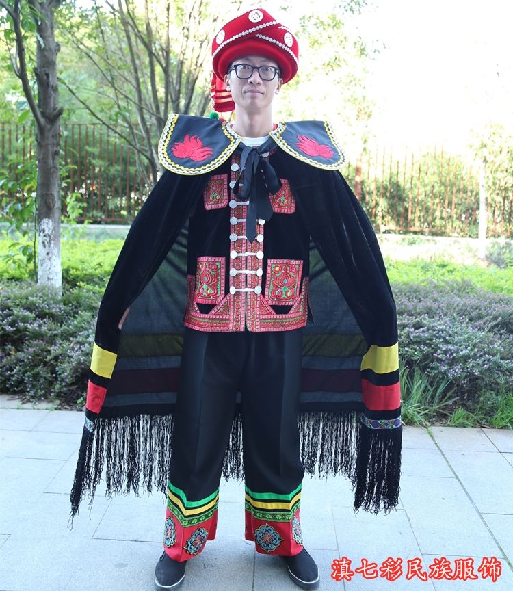 新款彝族披风 成人男款红肩长斗篷 彝族火把节服饰 彝族舞蹈服装 红肩