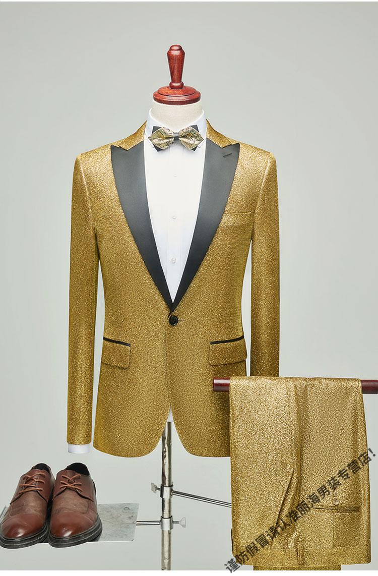 高端西服套装男士商务宴会司仪主持人亮面闪光个性西装男修身礼服