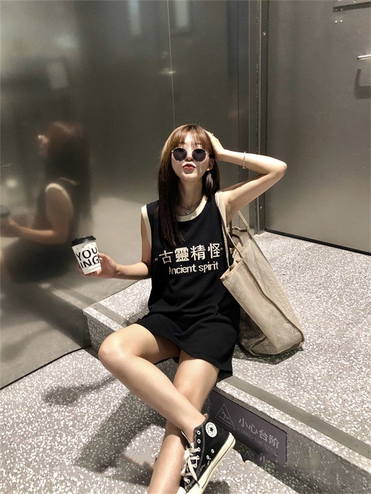 港风女夏天国潮球衣外穿篮球服宽松原宿bf风中长款ins背心白色版xs