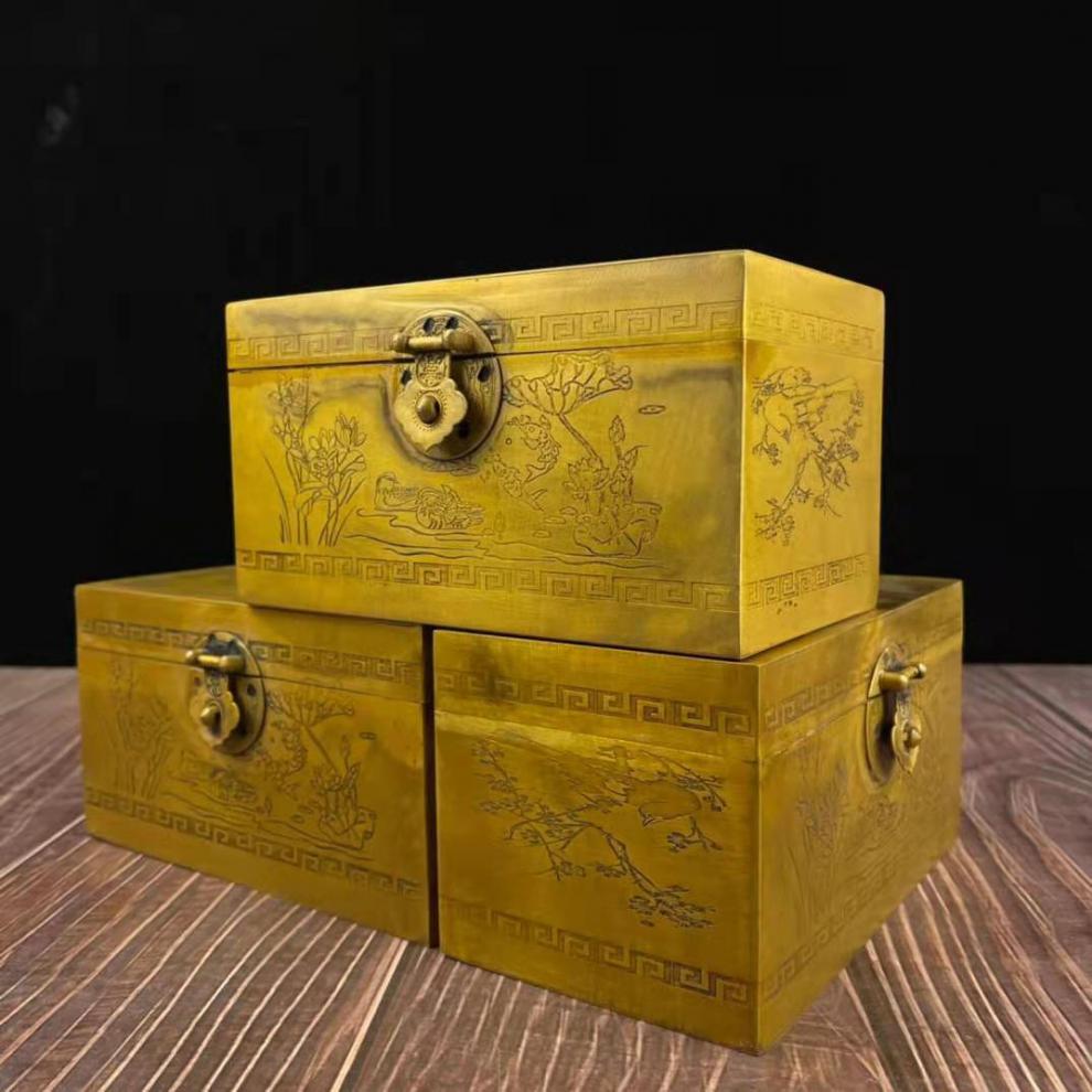 仿古纯铜刻画图案方盒首饰盒黄铜长条龙纹图案首饰盒书房装饰品 2款长