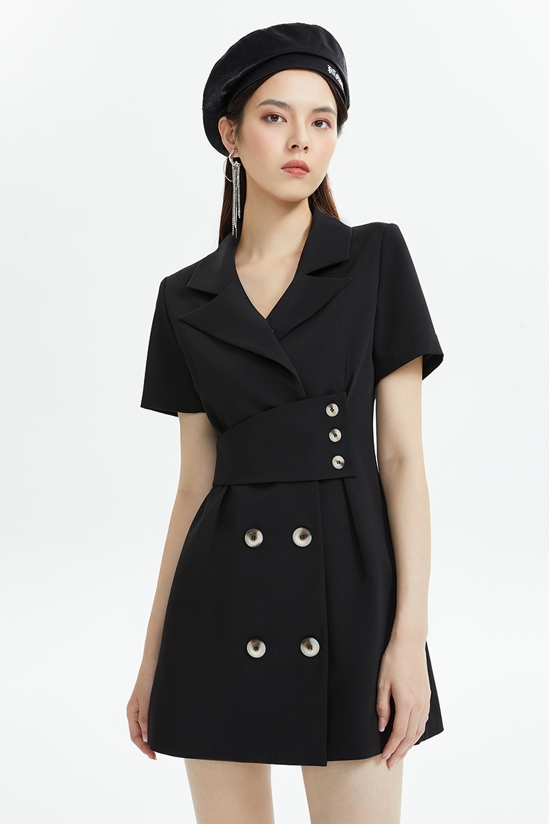 five plus西装连衣裙女秋2021新款收腰法式设计感小众a字黑色裙子 深