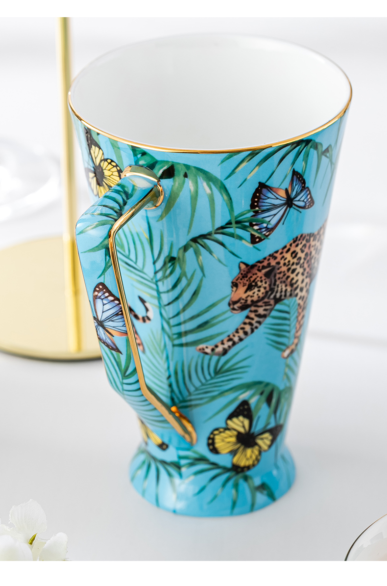 弥生时代蓝豹奇缘骨瓷陶瓷咖啡杯马克杯大容量杯子创意个性潮流高容量