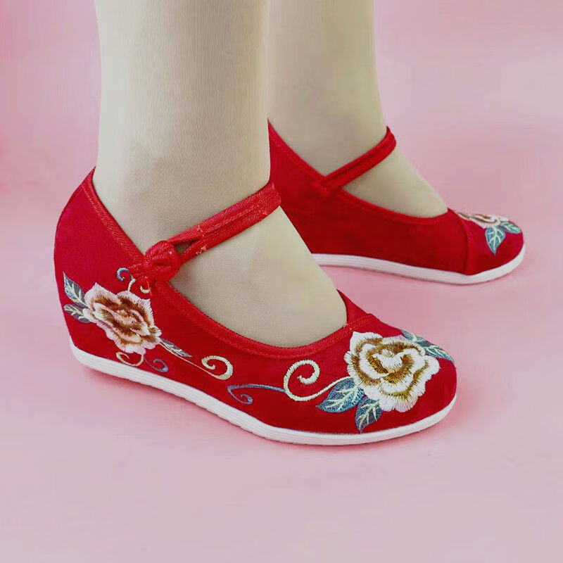 厚底老北京布鞋女民族风女鞋绣花内增高舞蹈鞋高跟鞋广场舞单鞋 国色