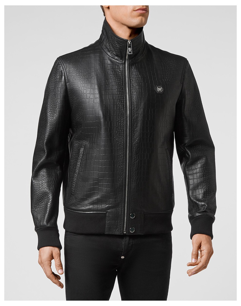 philipp plein 菲利浦普莱因 男士皮衣鳄鱼纹羊皮金属徽标夹克外套