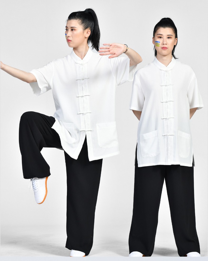 刺绣太极服夏季短袖t恤武术服太极拳练功服夏天单件上衣男女白色m