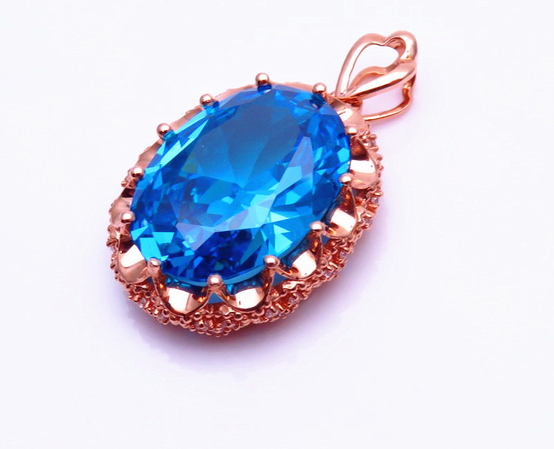 钧弘俄罗斯紫金14k金玫瑰金新品豪华海蓝色宝石吊坠情人节礼物