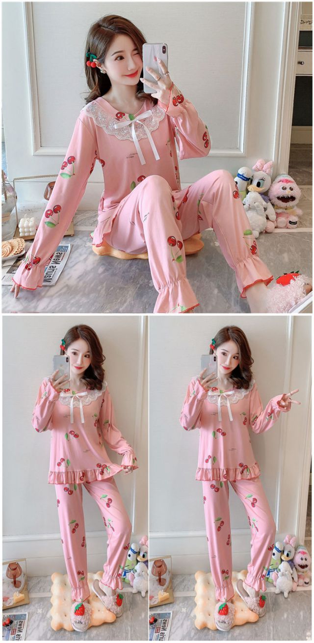 羽虹阁居家服女春秋夏季睡衣睡裤套装女生少女可爱长袖家居服可外穿薄