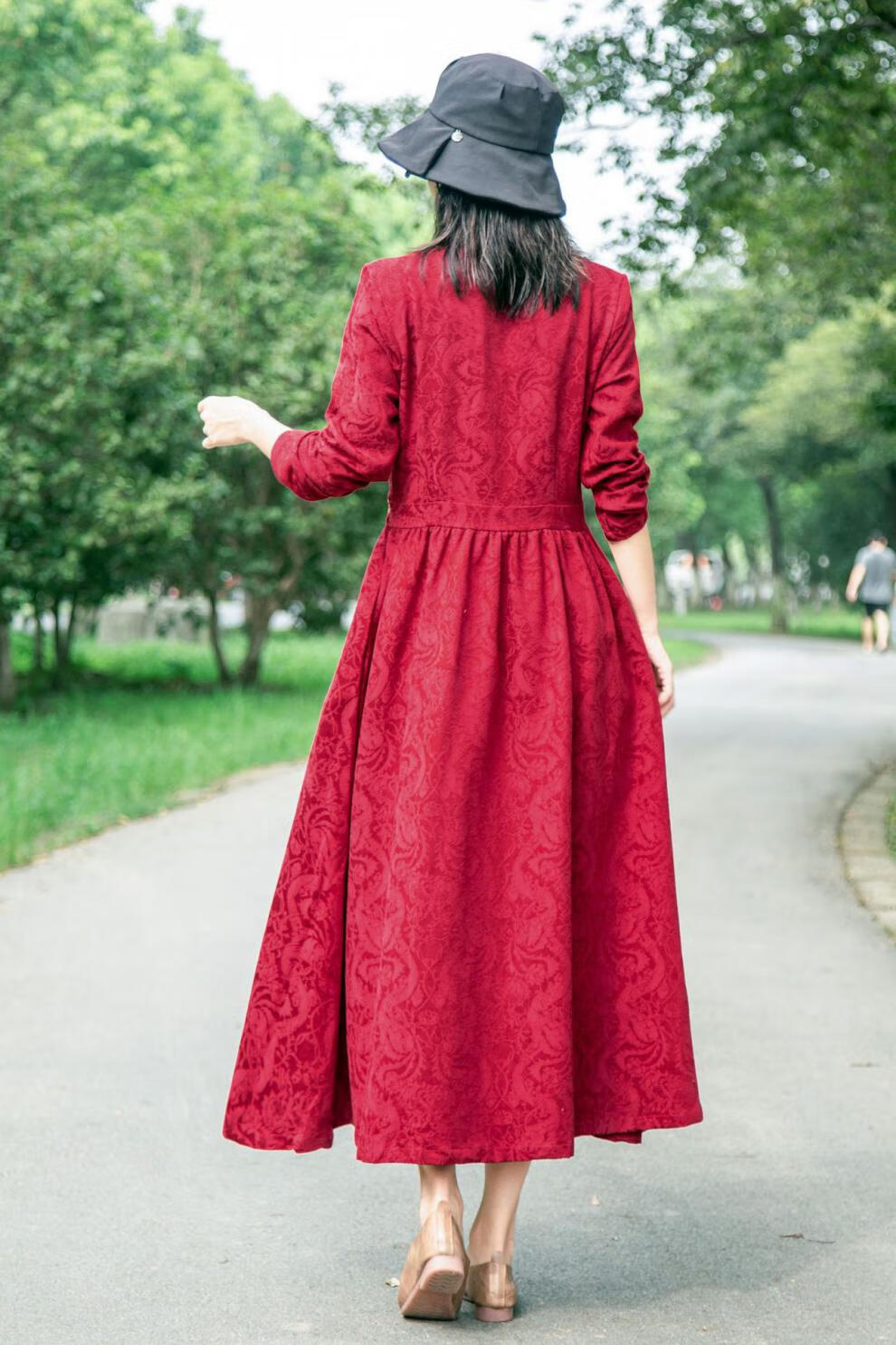 素订棉麻女装官方素素杭州秋季复古民族风刺绣提花连衣裙女立领长袖