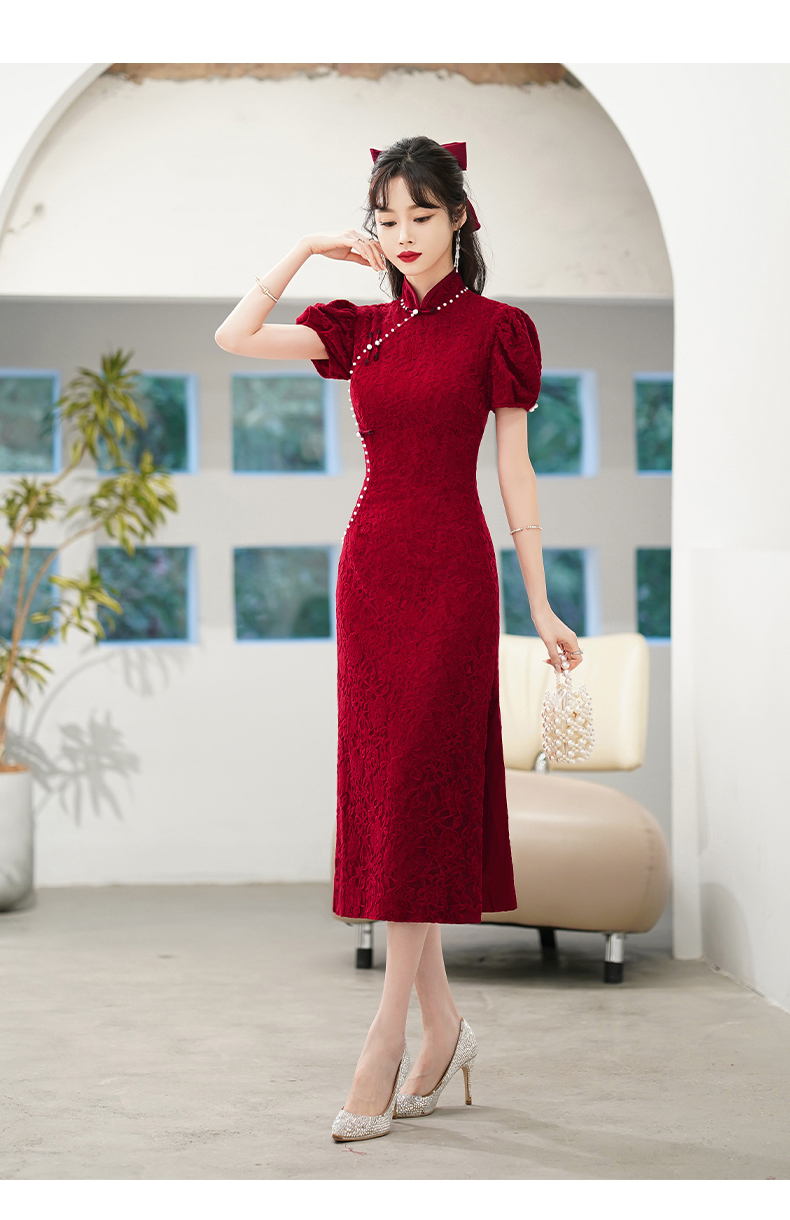 jkashdk酒红色蕾丝感旗袍敬酒服夏季新娘结婚小个子订婚连衣裙女礼服