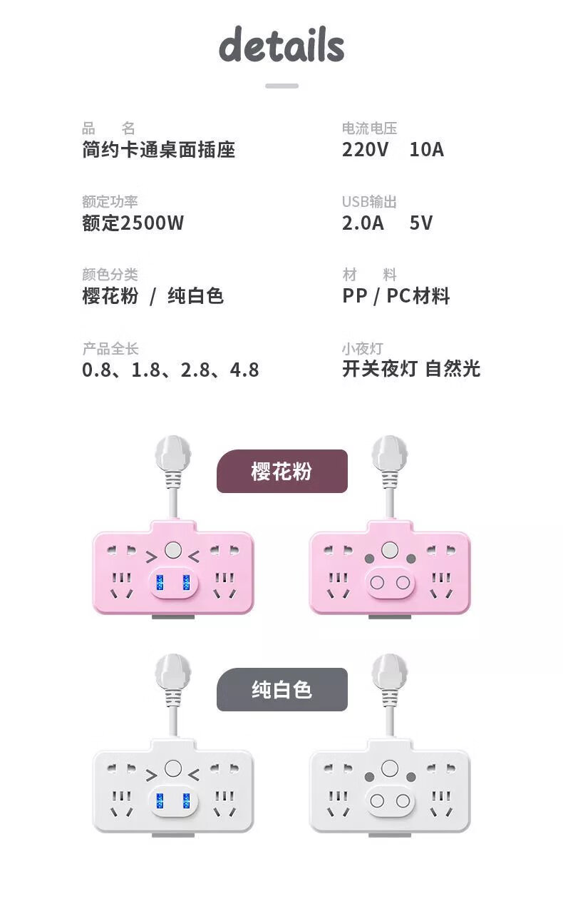 9，USB多功能插座帶夜燈豬豬帶開關宿捨家用轉換器插排牀頭排插 方形小白豬(帶燈) 全長4.8米