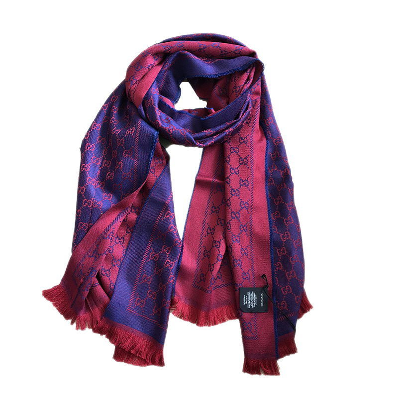 精品gucci古驰女士紫红双面围巾cs玫瑰红色48180