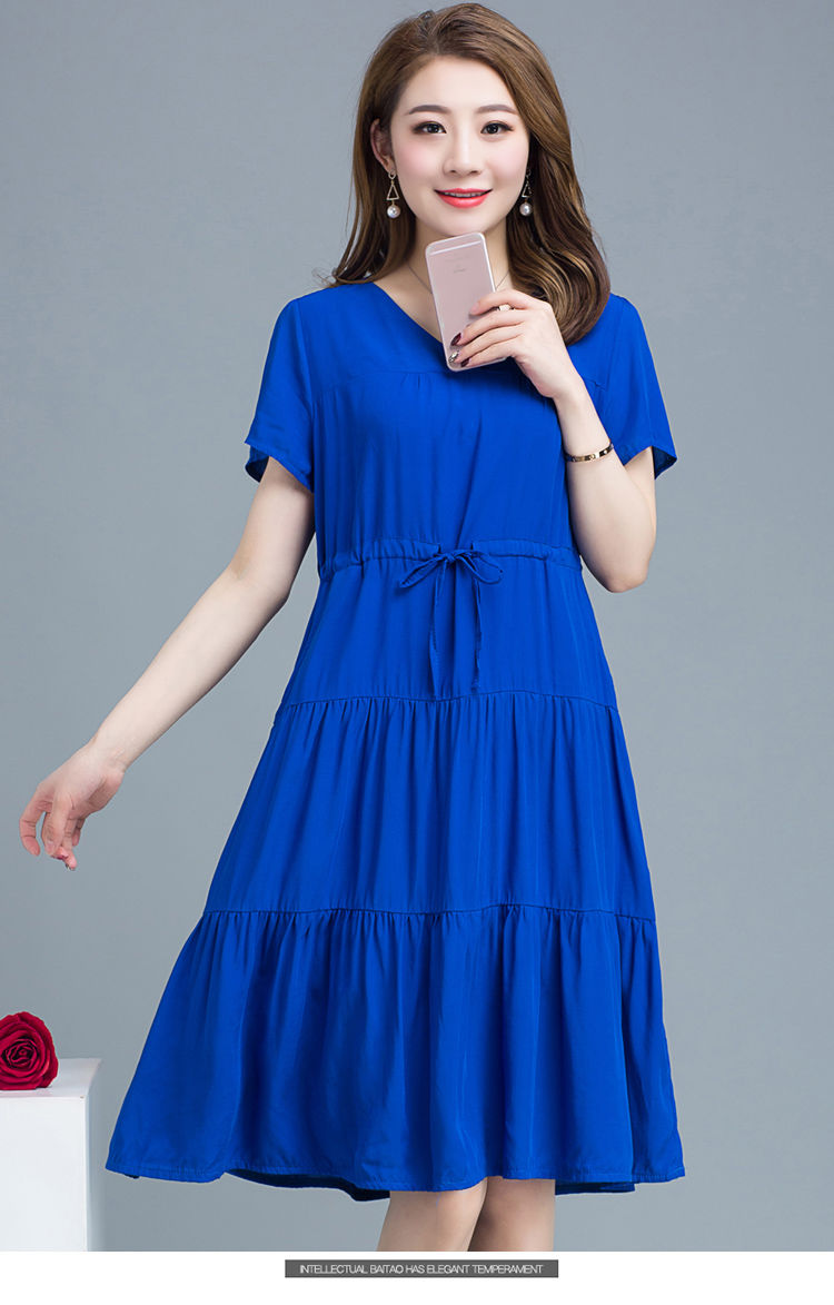 新款夏季大码女装夏季新款棉绸连衣裙短袖大码女装纯色棉绸沙滩裙中长