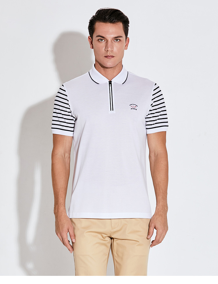 意大利古老鲨鱼男装男士丝光棉翻领条纹袖口拼接polo衫夏季新款宝兰