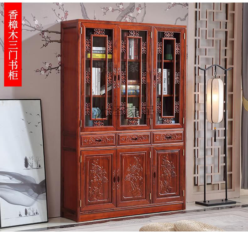 实木书柜香樟木中式仿古玻璃门二三四五六门大书柜书架组合储物柜书橱