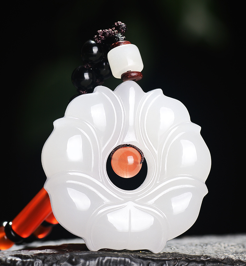 kosk轻奢品牌 新疆和田玉羊脂白玉莲花吊坠 女款玉佩玉项链双面挂件