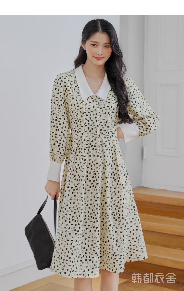 韩都衣舍碎花连衣裙女2021夏季新款宽松印花中长款裙od20104兴杏色m