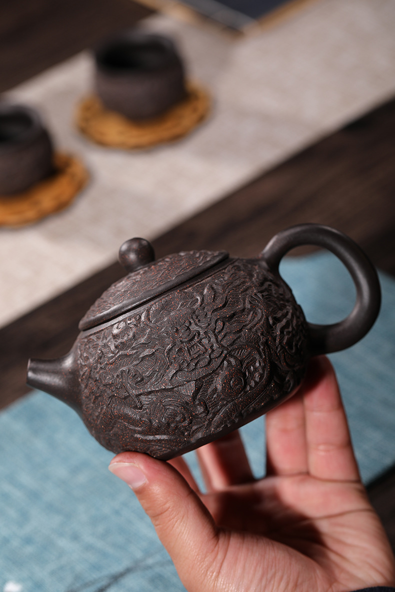 艾和宜兴紫砂壶全手工黑金砂雕龙西施套装壶功夫茶具礼品定制一壶两杯