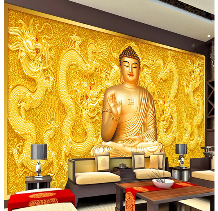 佛堂贴纸释迦摩尼佛教墙贴纸佛系寺庙佛堂背景墙纸5d如来佛像壁画3d