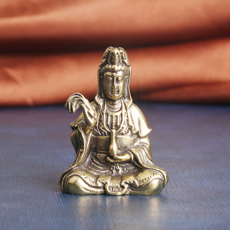 纯黄铜拂尘净瓶观音像桌面摆件宗教供奉菩萨铜像工艺品老铜器 仿古做