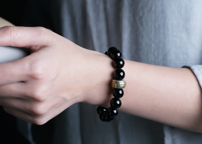 菲乐普轻奢品牌手链男乌金黑曜石珠生肖本命年属虎眼男女佛珠手串男款