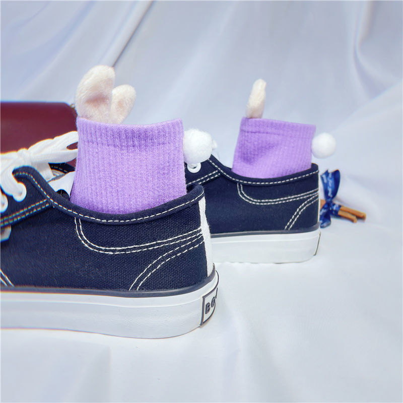 袜子日系可爱软萌妹子纯色中筒袜兔耳朵短筒少女学生袜紫色一双装前兔