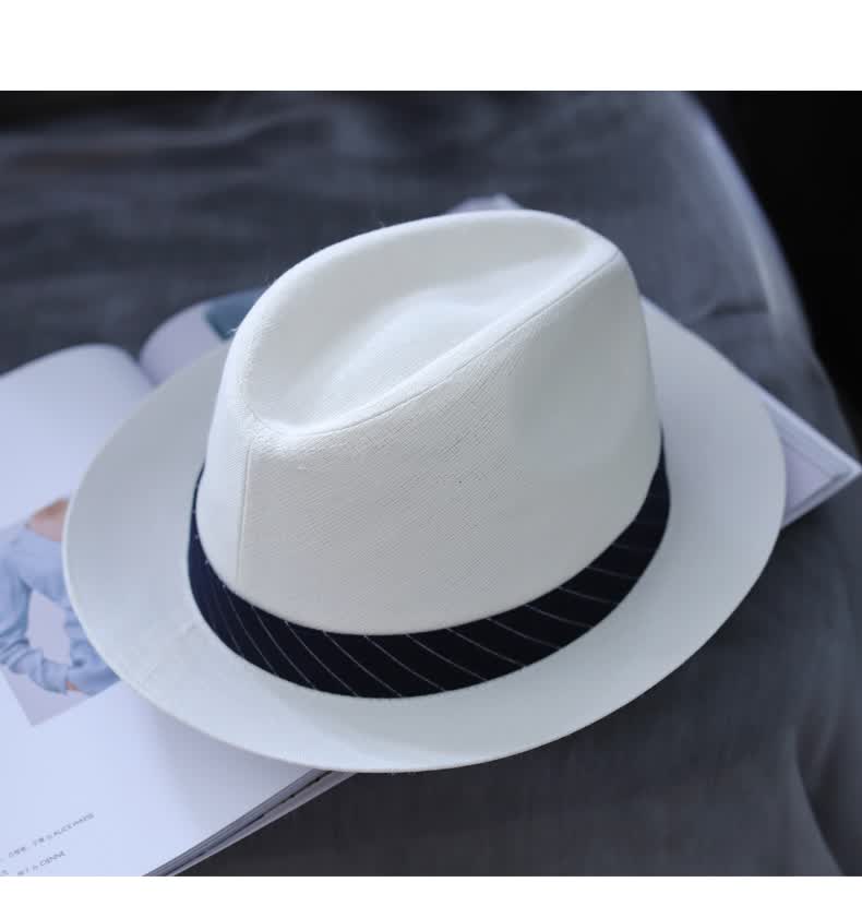 mhkee日本绅士白色草帽男夏季休闲爵士帽防晒遮阳帽巴拿马小礼帽苎麻